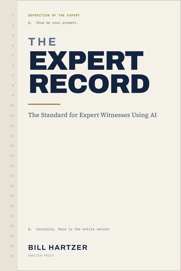 Cover of The Expert Record by Bill Hartzer: the title set in large type on a deep navy field above a single red rule, in the plain, documentary style of a filed exhibit.